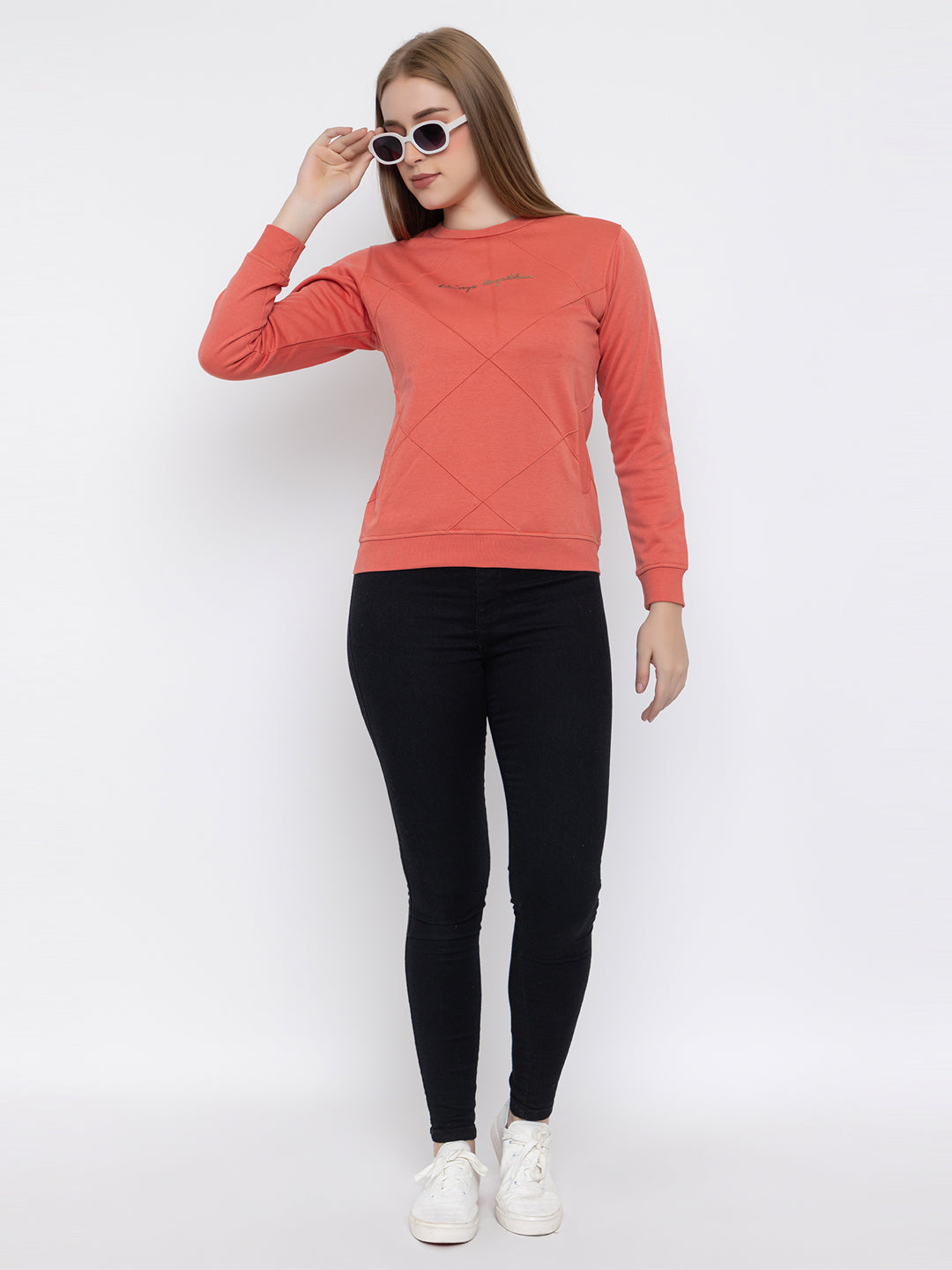 ANGELBELLS Women Round Neck Regular Sweatshirt (6460 RN - CORAL)