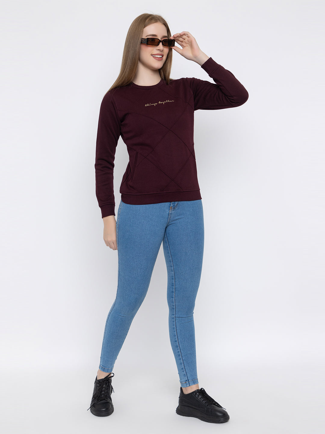 ANGELBELLS Women Round Neck Regular Sweatshirt (6460 RN - WINE)