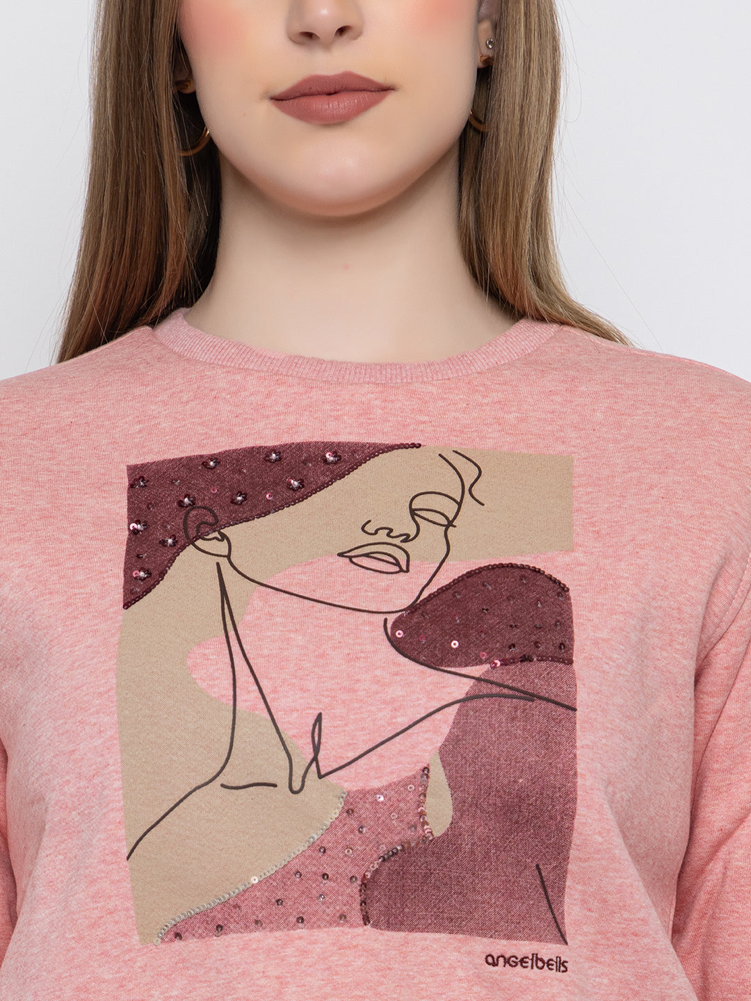 ANGELBELLS | Women Cotton Fleece Sweatshirt with Sequin Art & Faux Fur Cuffs