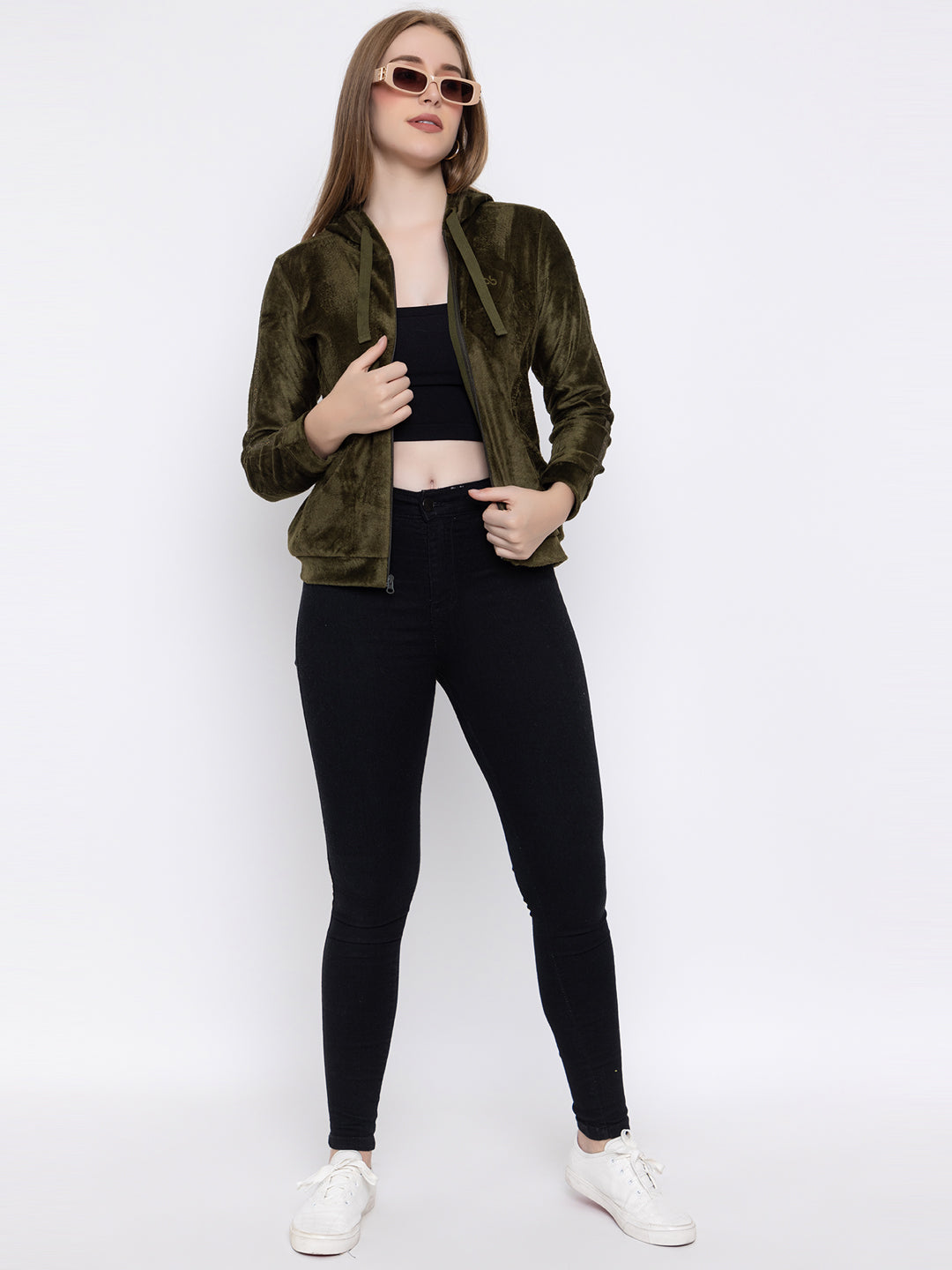 ANGELBELLS Women’s Lisbon Brown Velvet Hoodie – Soft & Cozy Full-Zip Sweatshirt