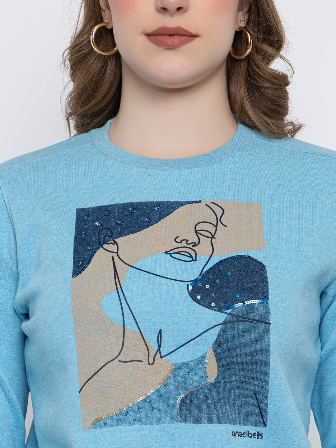 ANGELBELLS | Women Cotton Fleece Sweatshirt with Sequin Art & Faux Fur Cuff