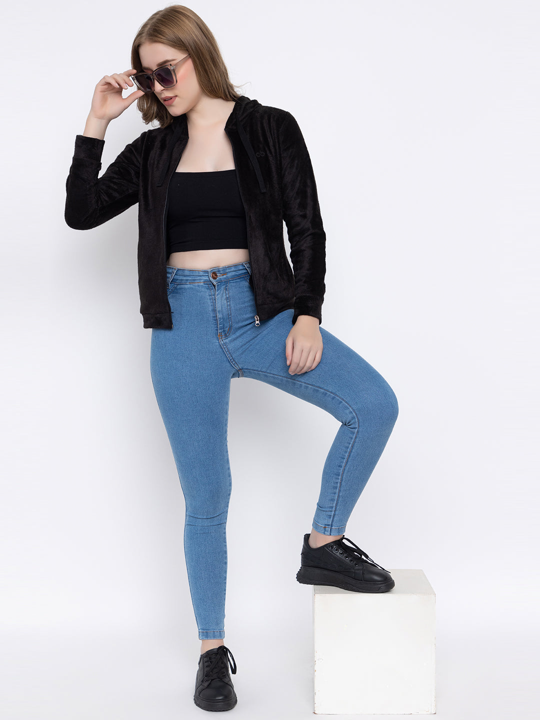 ANGELBELLS Women’s Black Velvet Hoodie – Soft & Cozy Full-Zip Sweatshirt