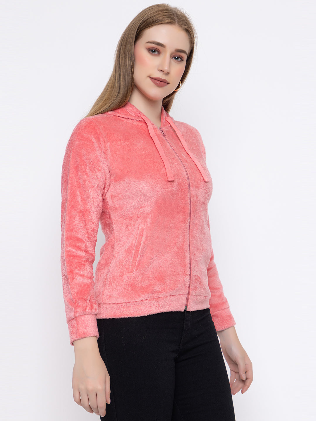 ANGELBELLS Women’s Pink Velvet Hoodie – Soft & Cozy Full-Zip Sweatshirt