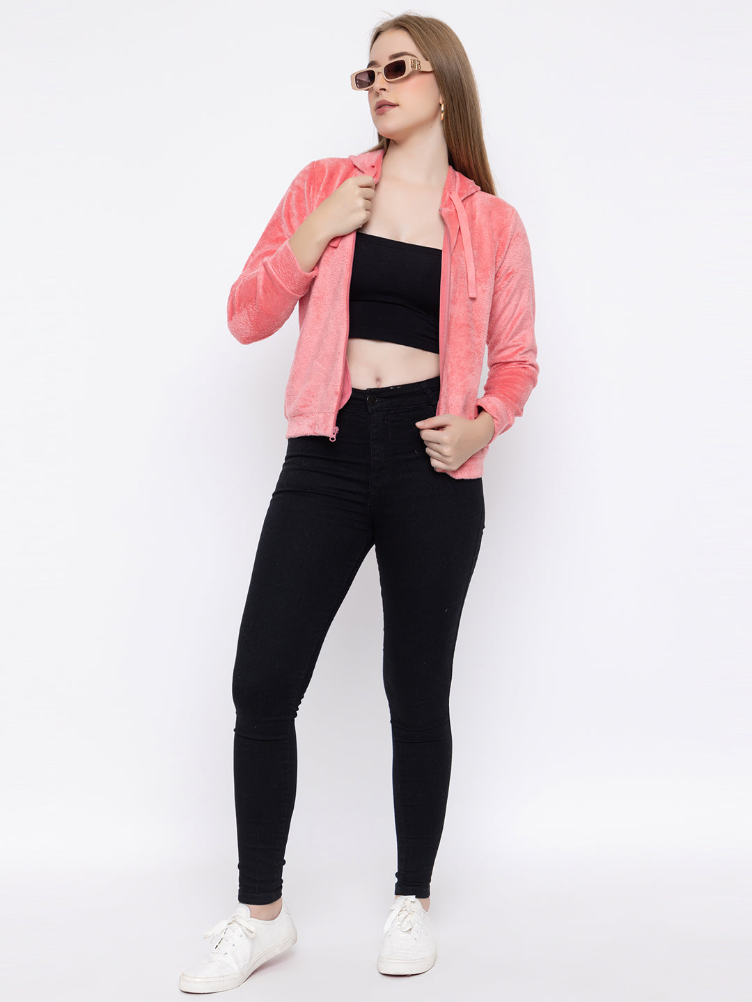 ANGELBELLS Women’s Pink Velvet Hoodie – Soft & Cozy Full-Zip Sweatshirt