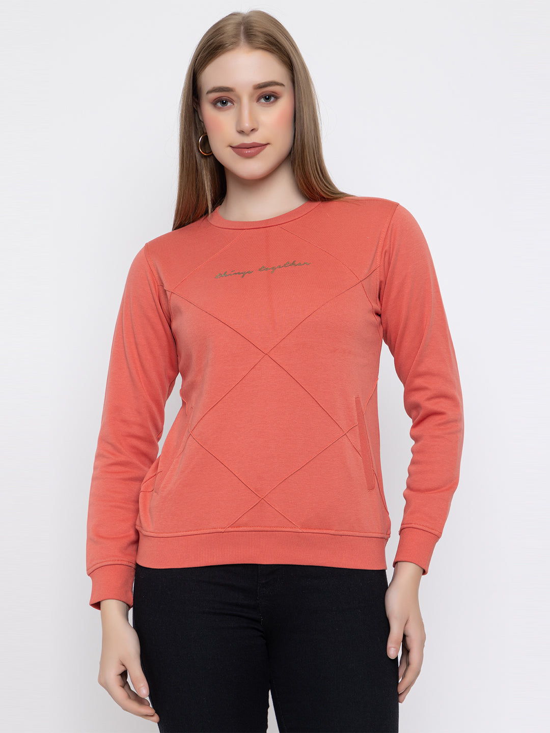 ANGELBELLS Women Round Neck Regular Sweatshirt (6460 RN - CORAL)