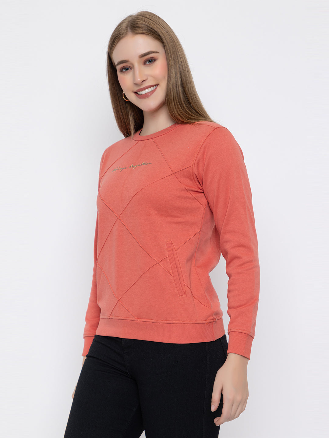 ANGELBELLS Women Round Neck Regular Sweatshirt (6460 RN - CORAL)