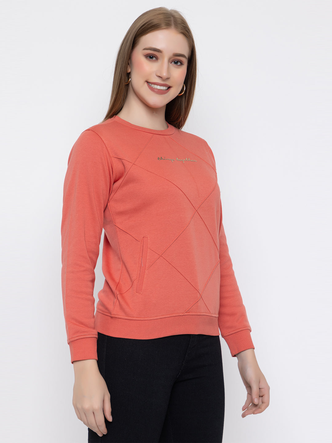 ANGELBELLS Women Round Neck Regular Sweatshirt (6460 RN - CORAL)