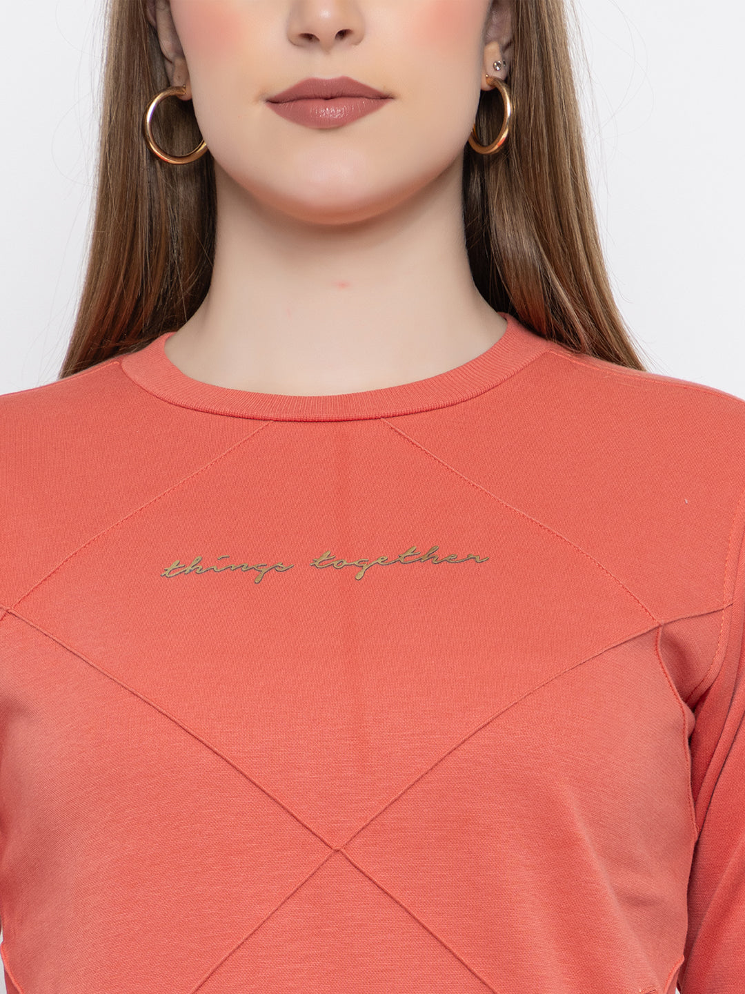 ANGELBELLS Women Round Neck Regular Sweatshirt (6460 RN - CORAL)