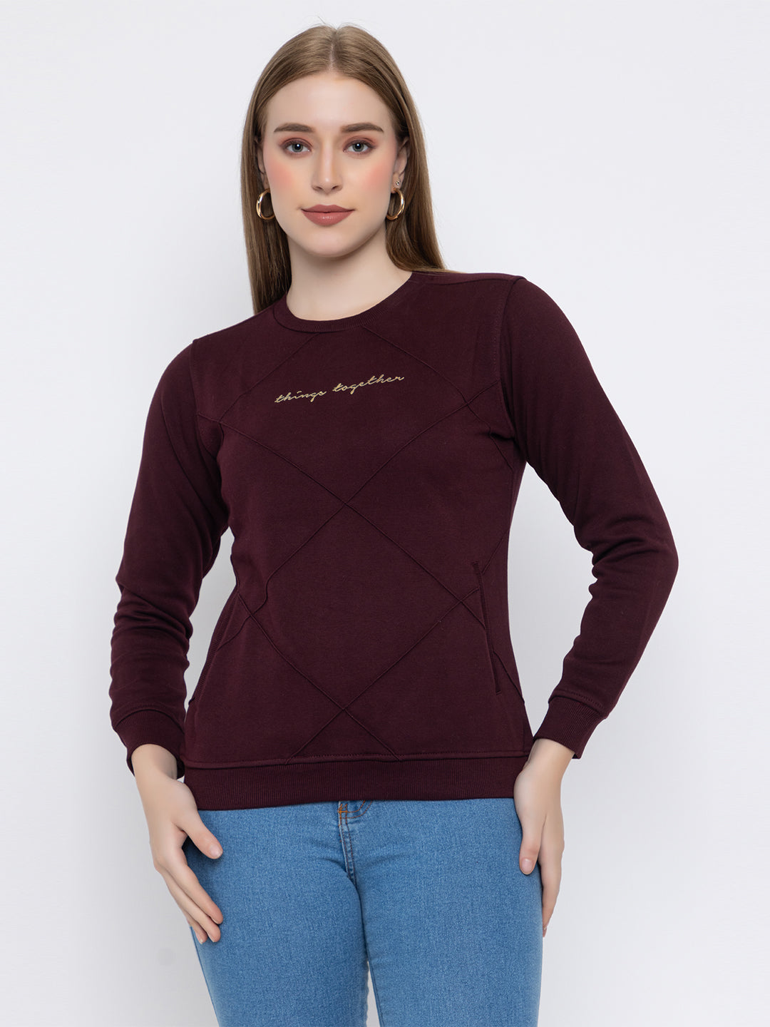 ANGELBELLS Women Round Neck Regular Sweatshirt (6460 RN - WINE)