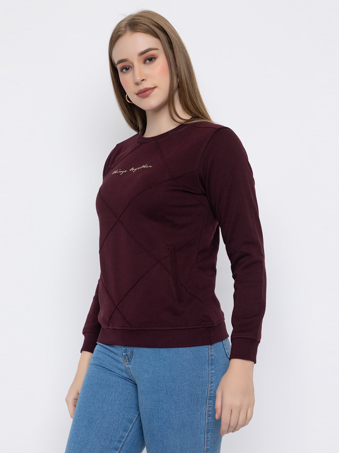 ANGELBELLS Women Round Neck Regular Sweatshirt (6460 RN - WINE)