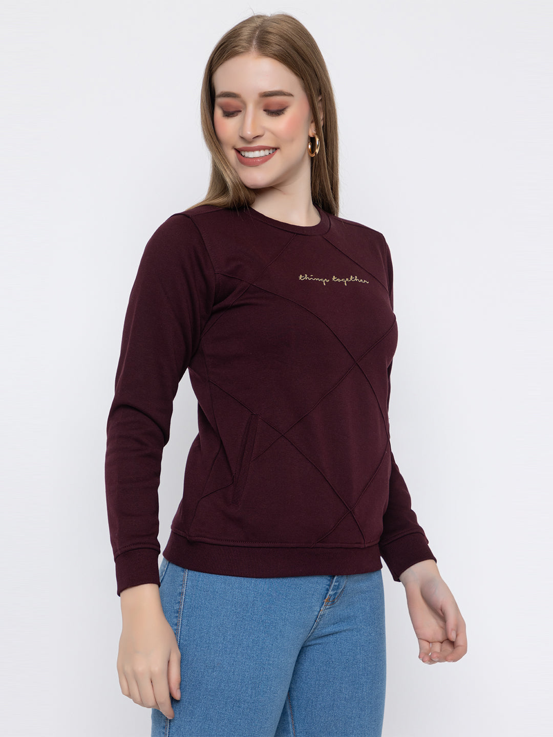 ANGELBELLS Women Round Neck Regular Sweatshirt (6460 RN - WINE)