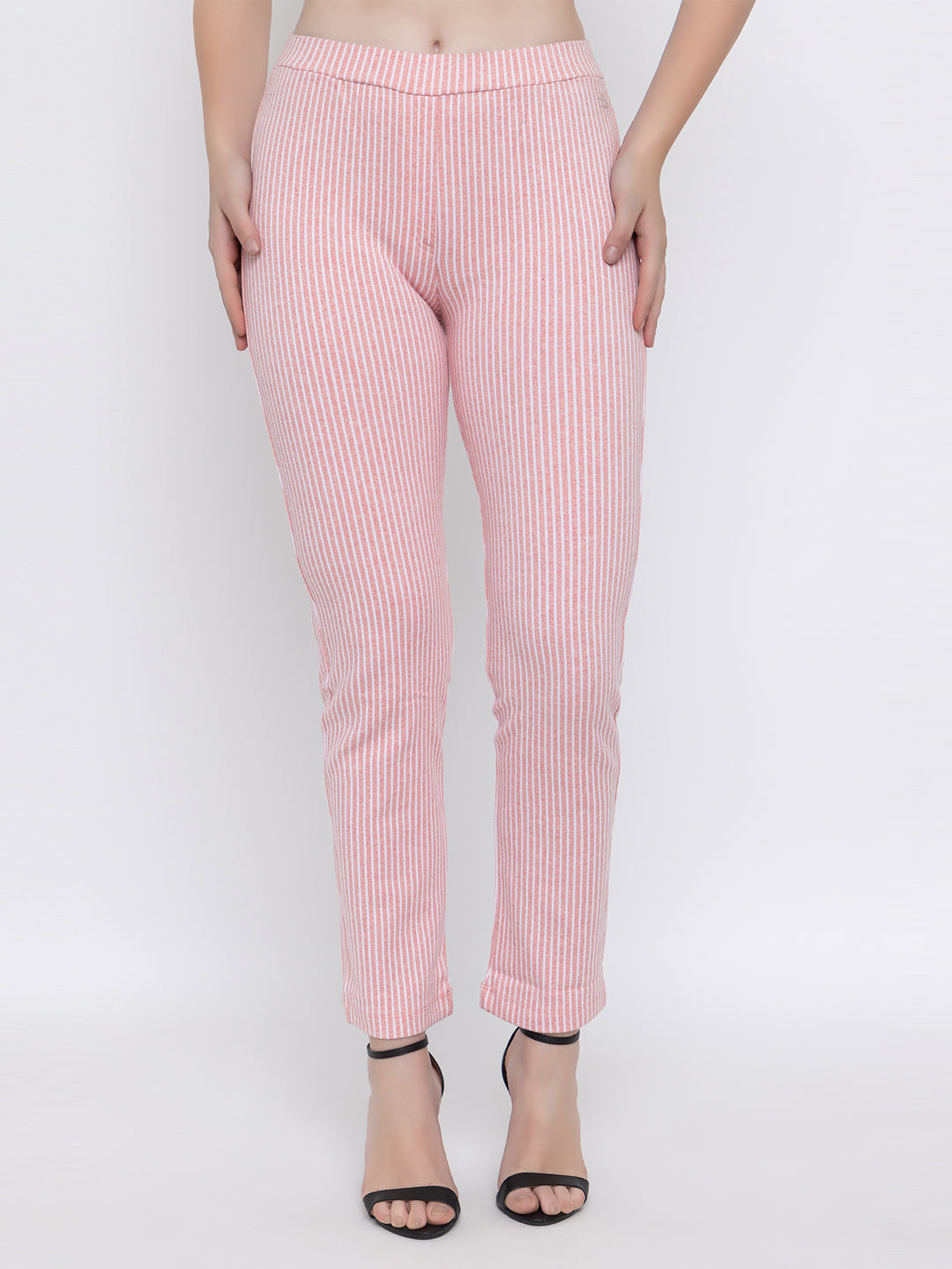 ANGELBELLS Women’s Striped Pink Slim-Fit Pants – Comfy & Stylish Everyday Wear