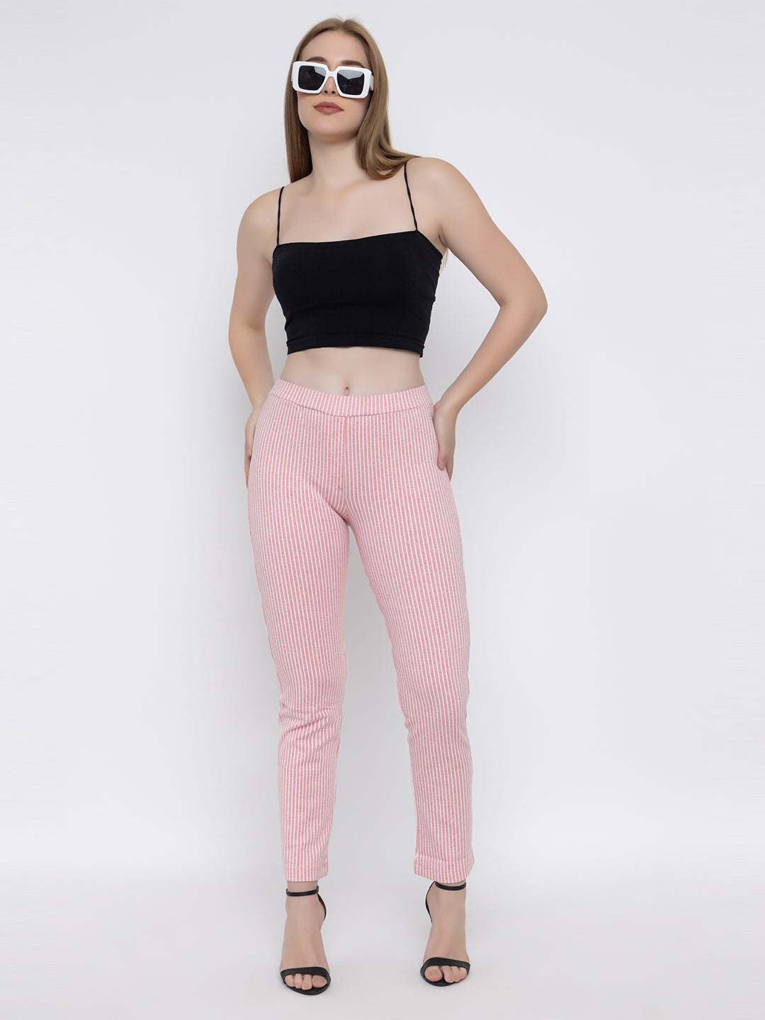 ANGELBELLS Women’s Striped Pink Slim-Fit Pants – Comfy & Stylish Everyday Wear