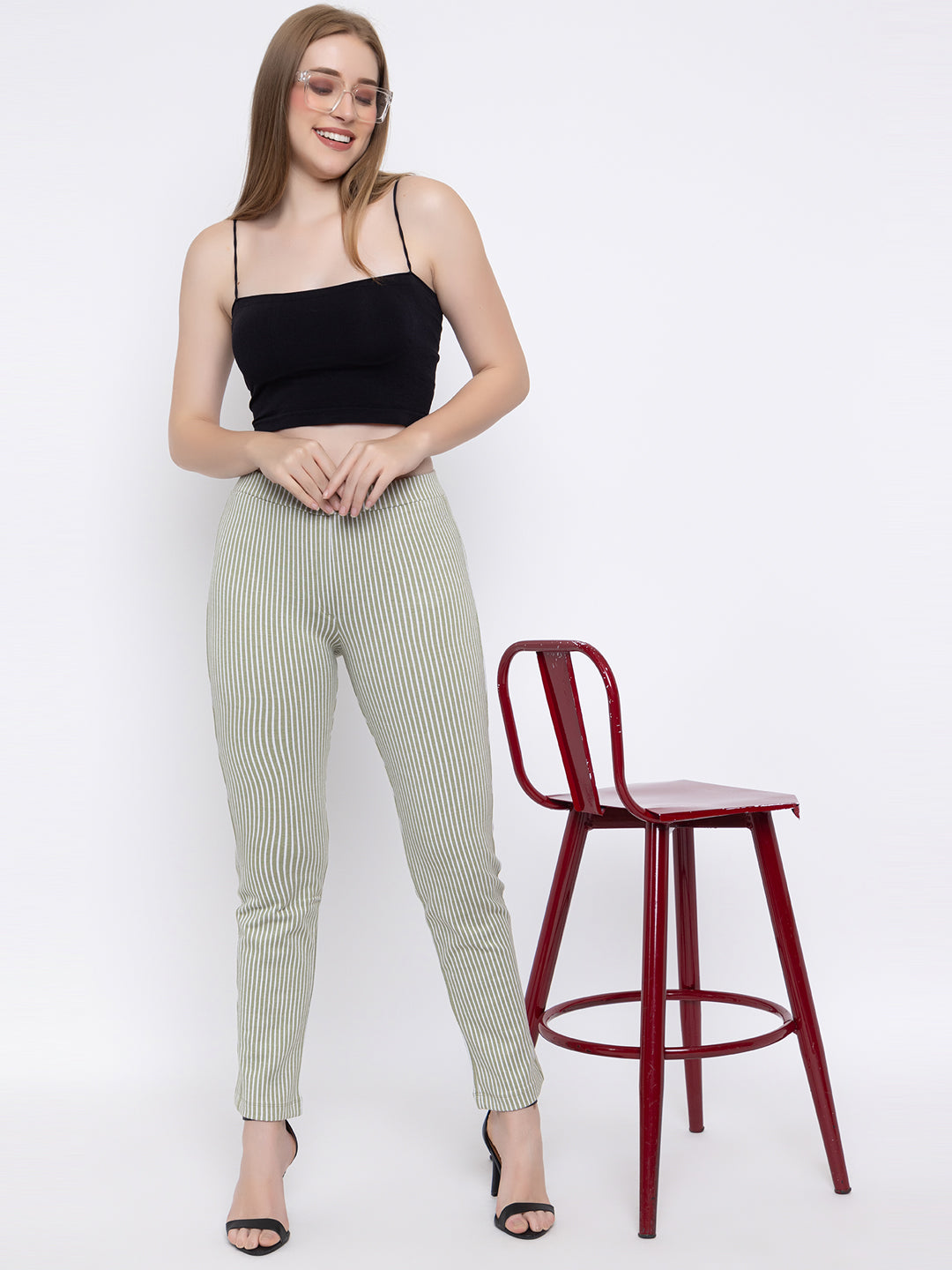 ANGELBELLS Women’s Striped Lycra Stretchable Slim-Fit Pants