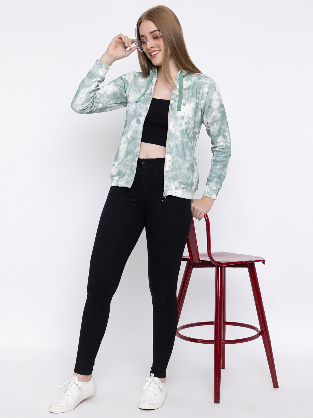 ANGELBELLS Women's Cyan Camo Zip-Up Jacket – Stylish & Comfortable Outerwear