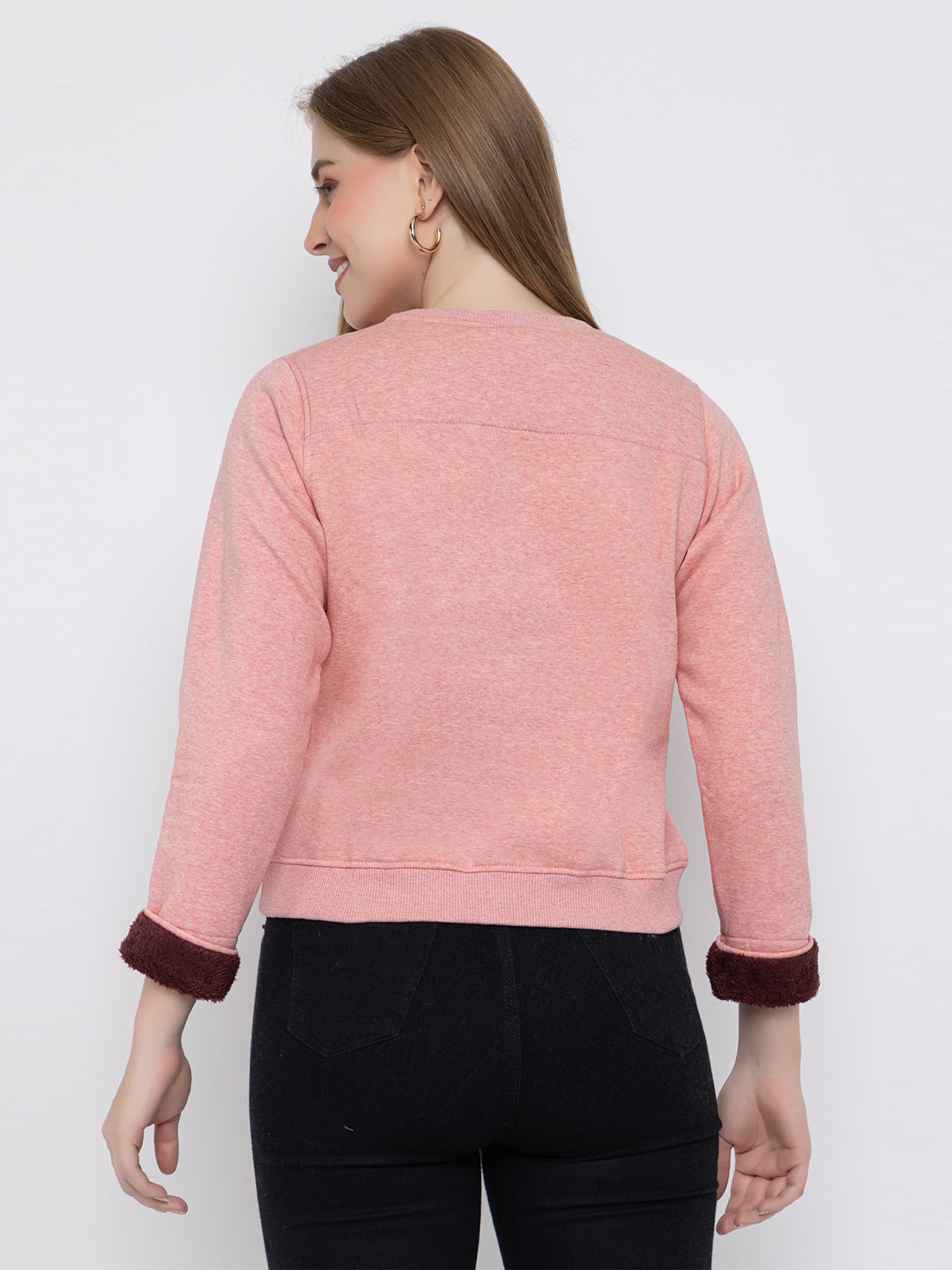 ANGELBELLS | Women Cotton Fleece Sweatshirt with Sequin Art & Faux Fur Cuffs
