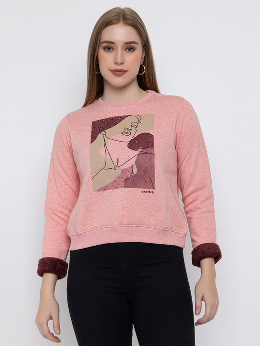 ANGELBELLS | Women Cotton Fleece Sweatshirt with Sequin Art & Faux Fur Cuffs