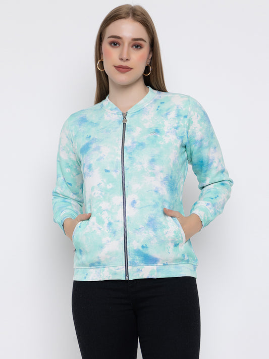 ANGELBELLS Women's Sea Green Tie N Dye Zip-Up Jacket – Stylish & Comfortable Outerwear