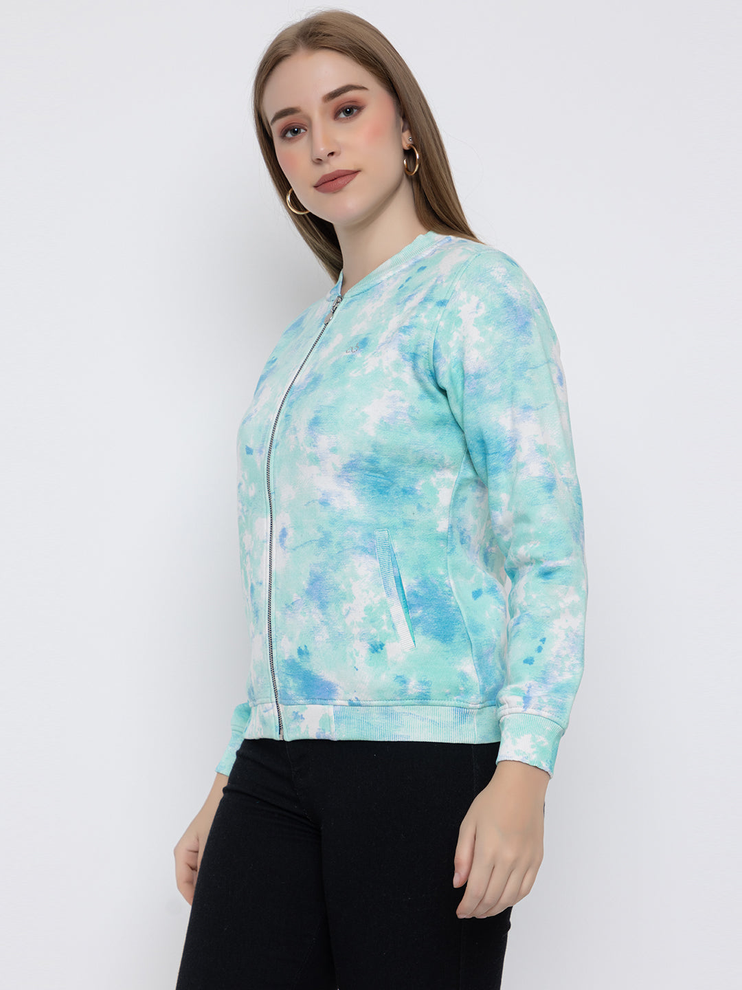 ANGELBELLS Women's Sea Green Tie N Dye Zip-Up Jacket – Stylish & Comfortable Outerwear