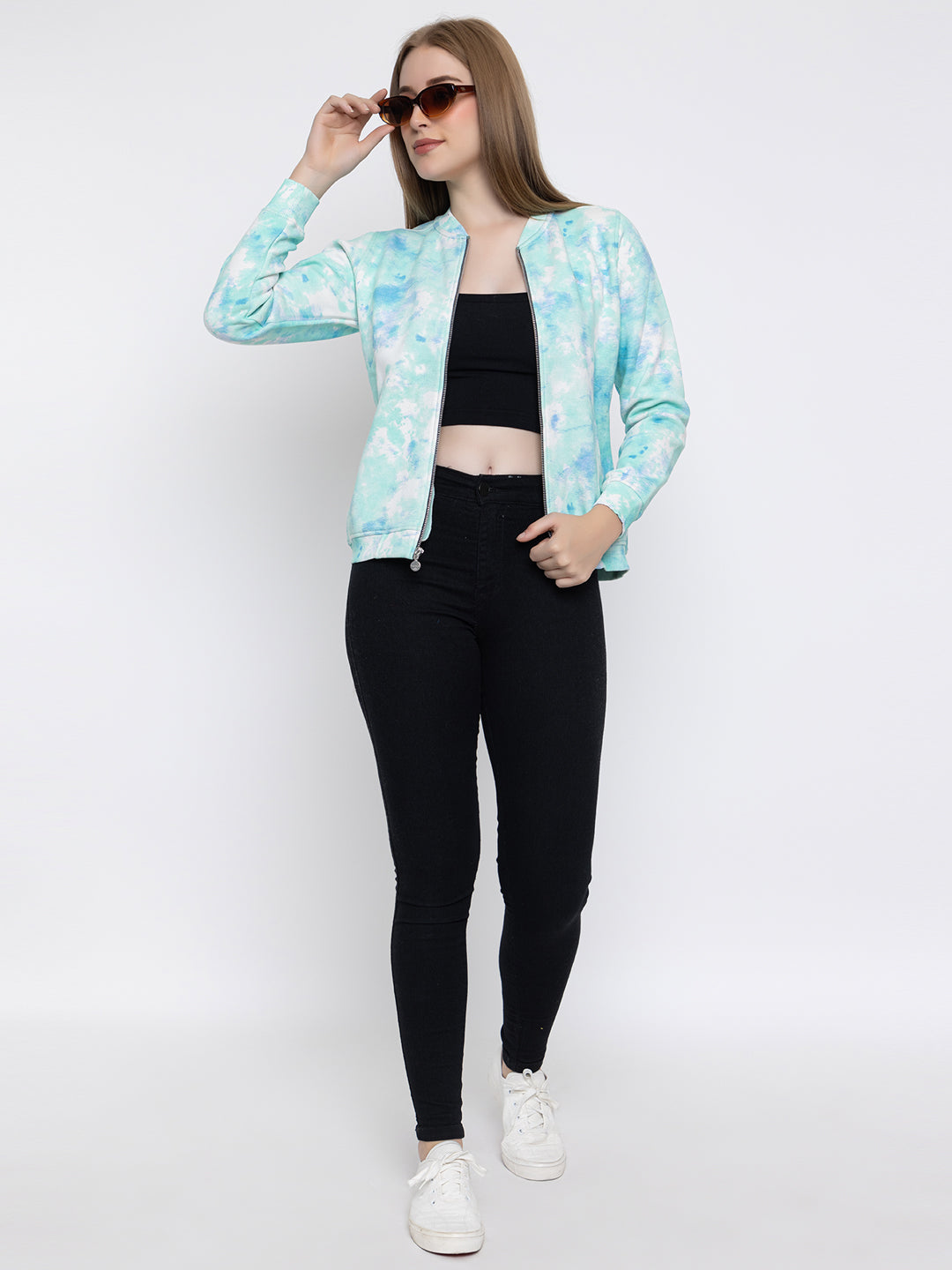ANGELBELLS Women's Sea Green Tie N Dye Zip-Up Jacket – Stylish & Comfortable Outerwear