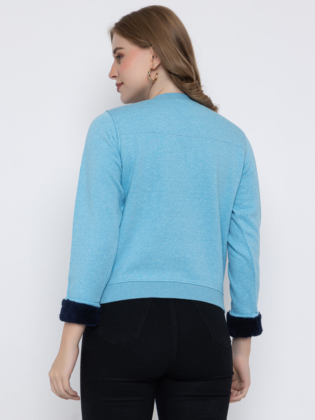 ANGELBELLS | Women Cotton Fleece Sweatshirt with Sequin Art & Faux Fur Cuff