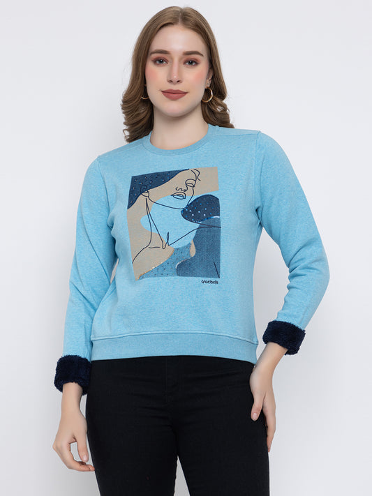 ANGELBELLS | Women Cotton Fleece Sweatshirt with Sequin Art & Faux Fur Cuff