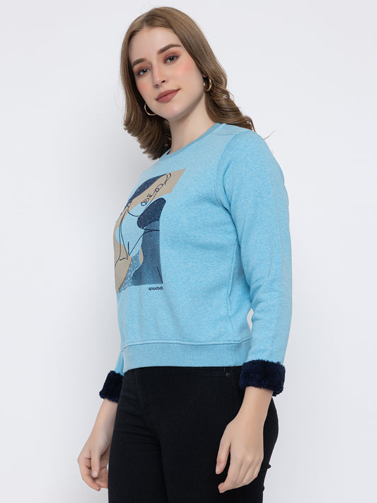 ANGELBELLS | Women Cotton Fleece Sweatshirt with Sequin Art & Faux Fur Cuff