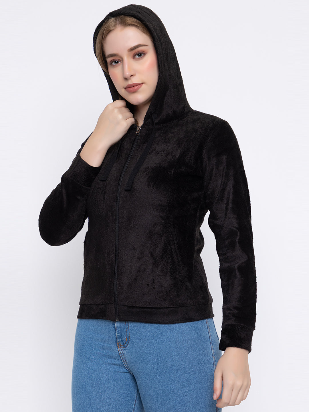 ANGELBELLS Women’s Black Velvet Hoodie – Soft & Cozy Full-Zip Sweatshirt