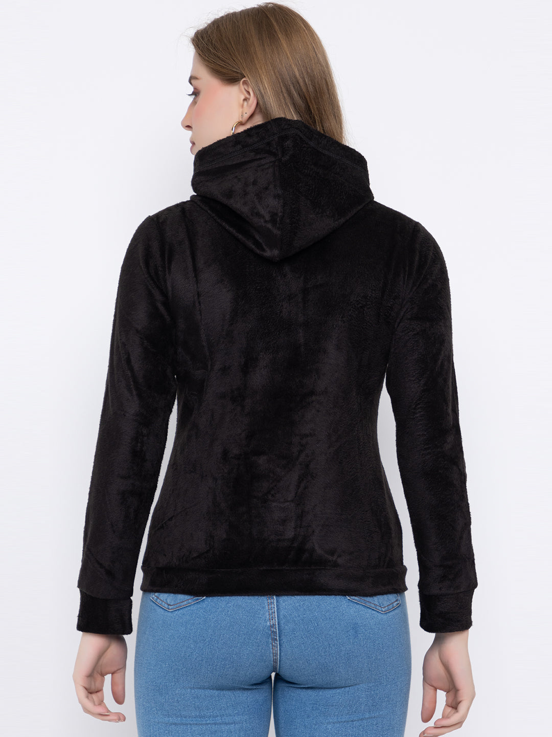 ANGELBELLS Women’s Black Velvet Hoodie – Soft & Cozy Full-Zip Sweatshirt