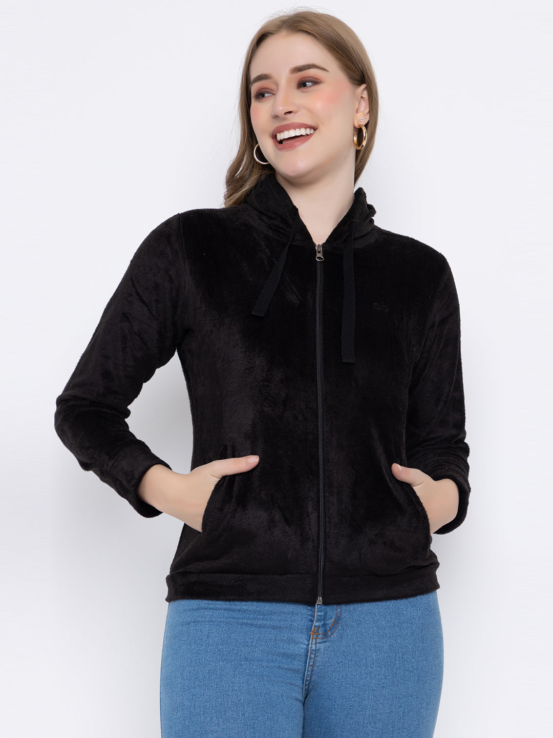 ANGELBELLS Women’s Black Velvet Hoodie – Soft & Cozy Full-Zip Sweatshirt