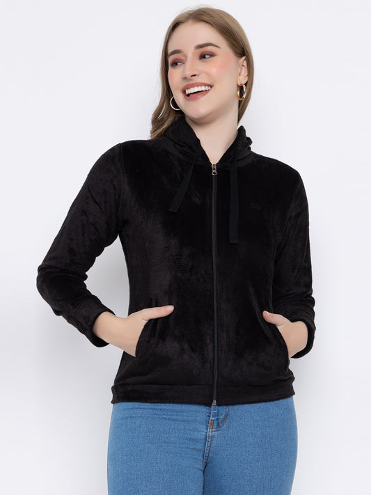 ANGELBELLS Women’s Black Velvet Hoodie – Soft & Cozy Full-Zip Sweatshirt