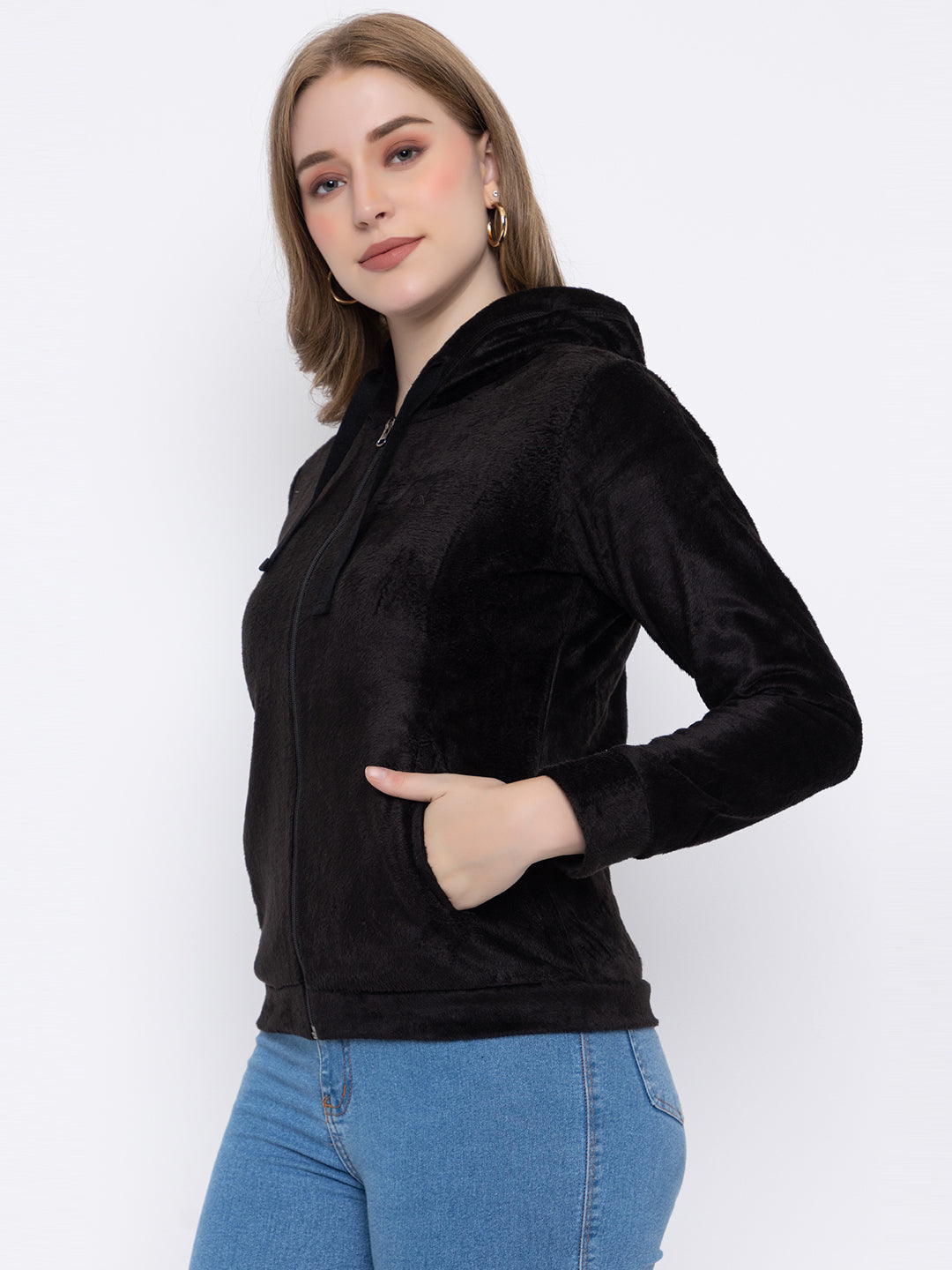 ANGELBELLS Women’s Black Velvet Hoodie – Soft & Cozy Full-Zip Sweatshirt