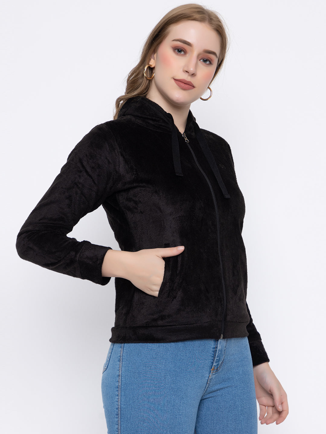 ANGELBELLS Women’s Black Velvet Hoodie – Soft & Cozy Full-Zip Sweatshirt