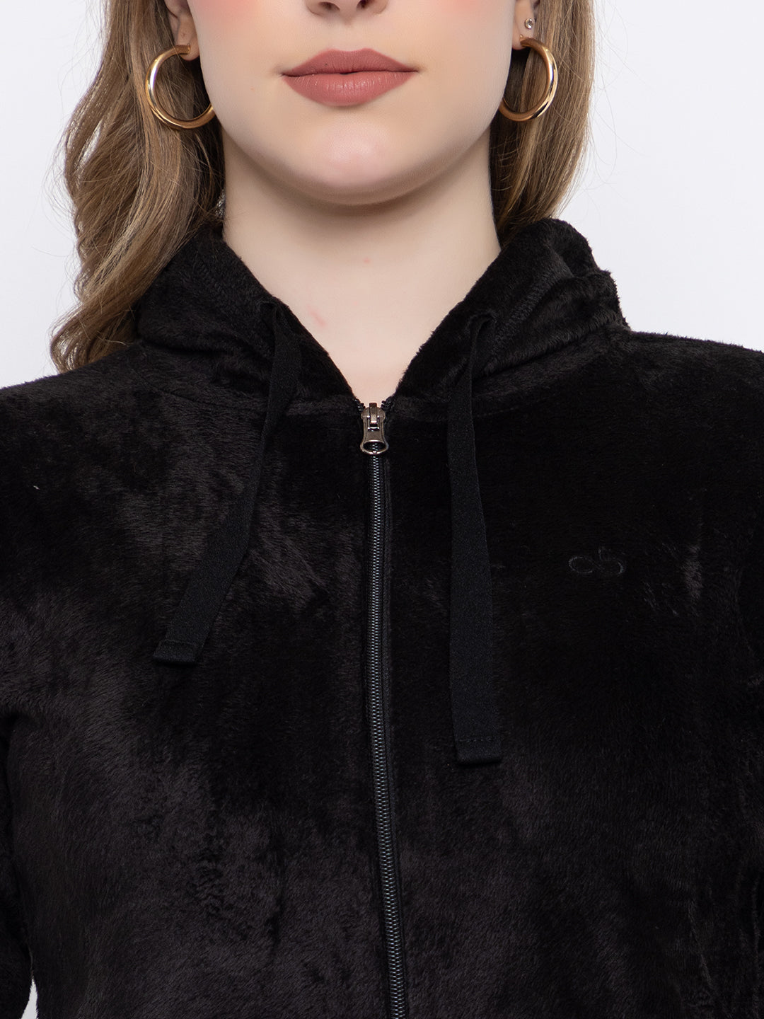 ANGELBELLS Women’s Black Velvet Hoodie – Soft & Cozy Full-Zip Sweatshirt