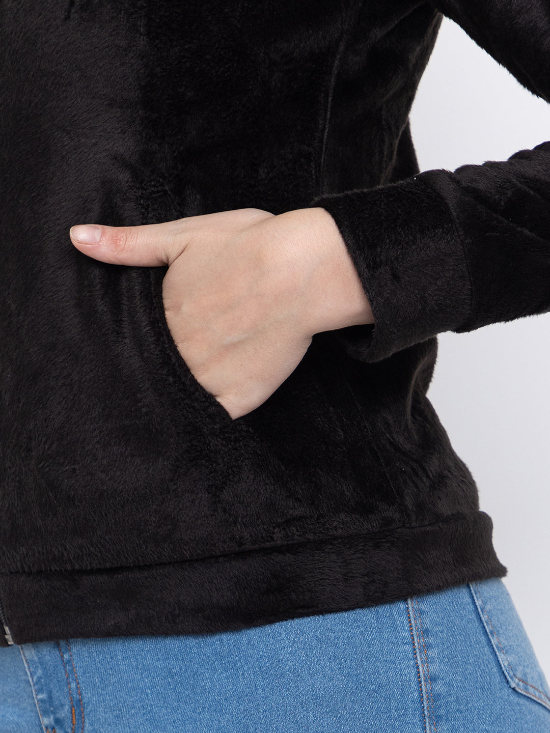 ANGELBELLS Women’s Black Velvet Hoodie – Soft & Cozy Full-Zip Sweatshirt