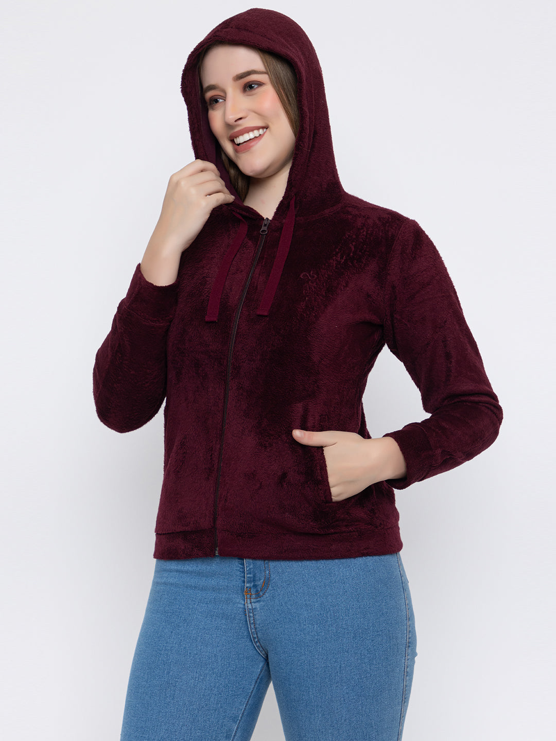 ANGELBELLS Women’s Wine Velvet Hoodie – Soft & Cozy Full-Zip Sweatshirt