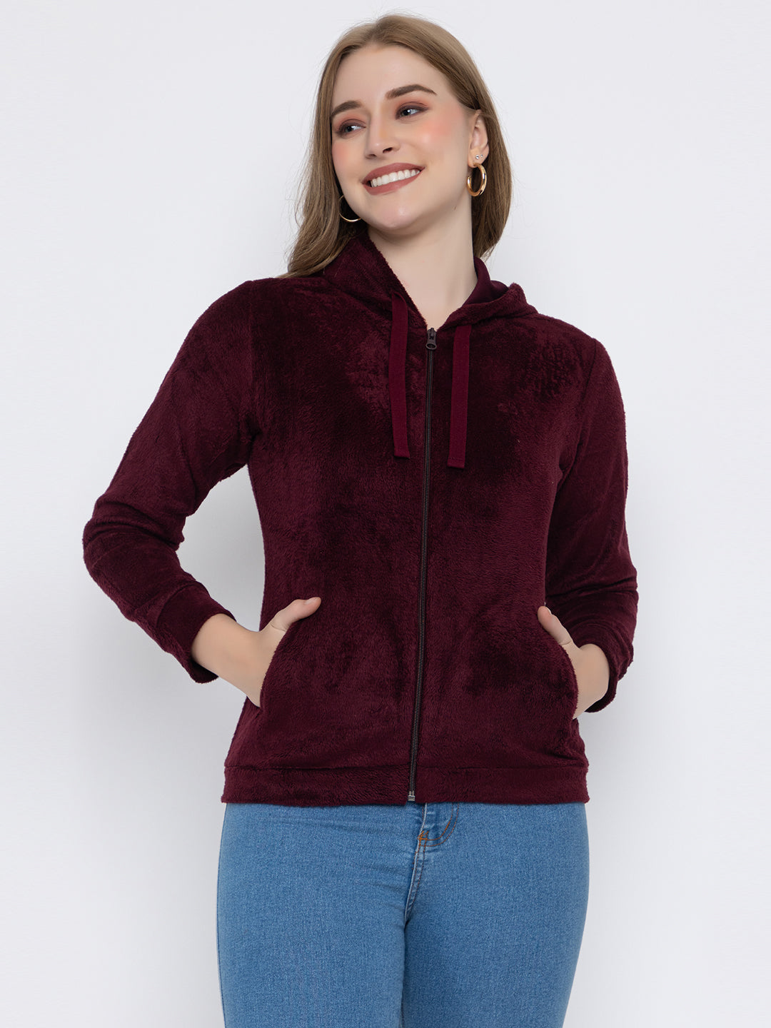 ANGELBELLS Women’s Wine Velvet Hoodie – Soft & Cozy Full-Zip Sweatshirt