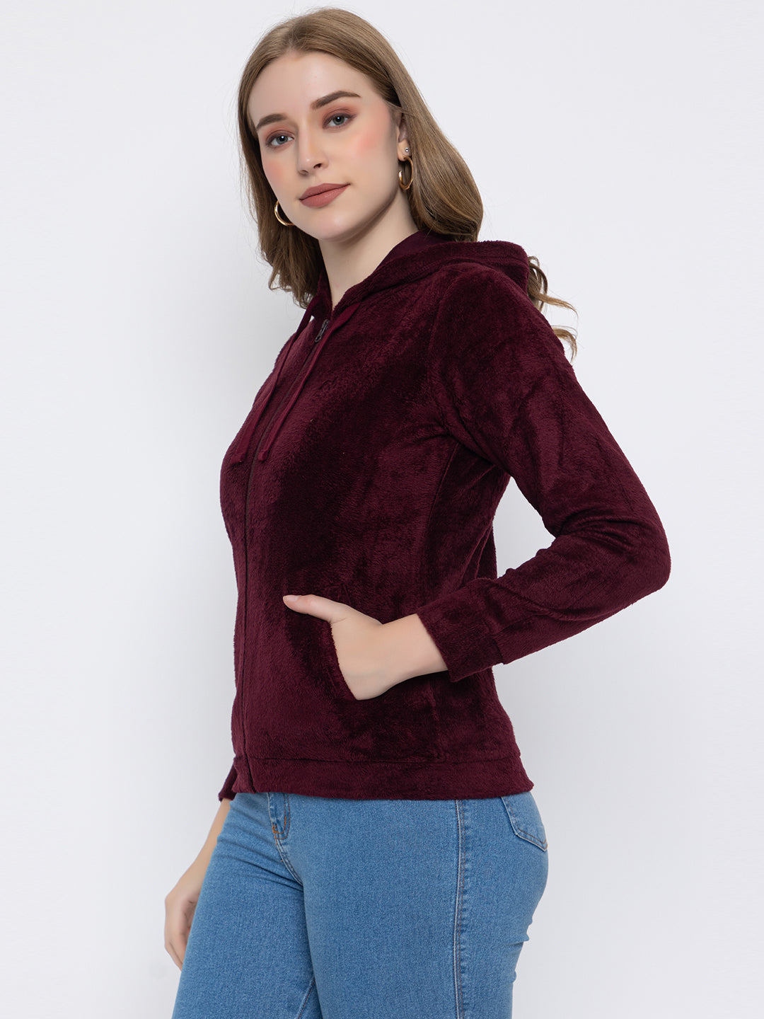 ANGELBELLS Women’s Wine Velvet Hoodie – Soft & Cozy Full-Zip Sweatshirt