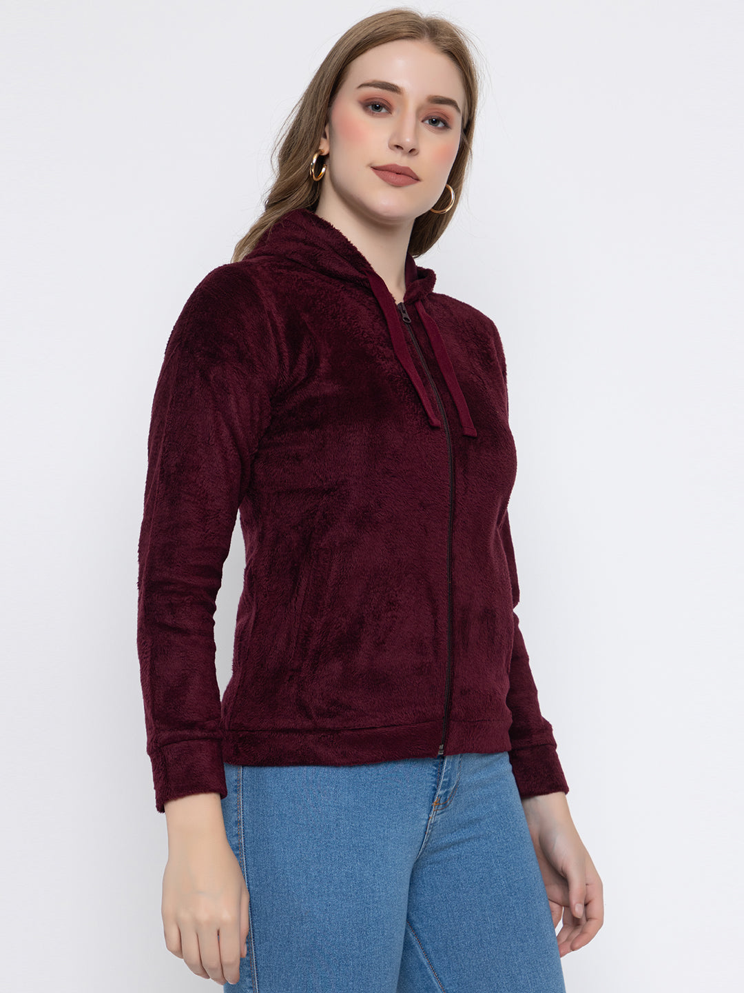 ANGELBELLS Women’s Wine Velvet Hoodie – Soft & Cozy Full-Zip Sweatshirt
