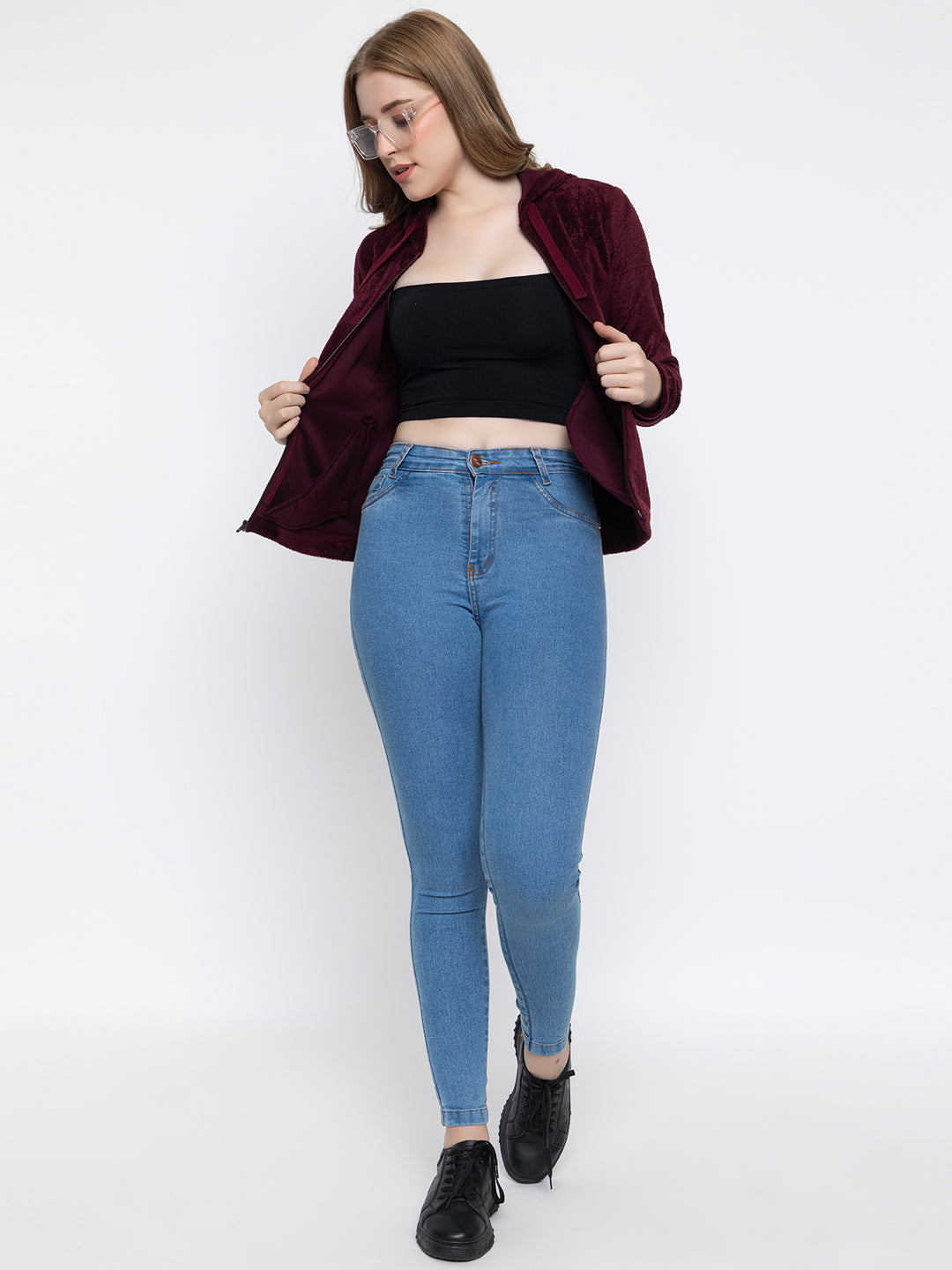 ANGELBELLS Women’s Wine Velvet Hoodie – Soft & Cozy Full-Zip Sweatshirt