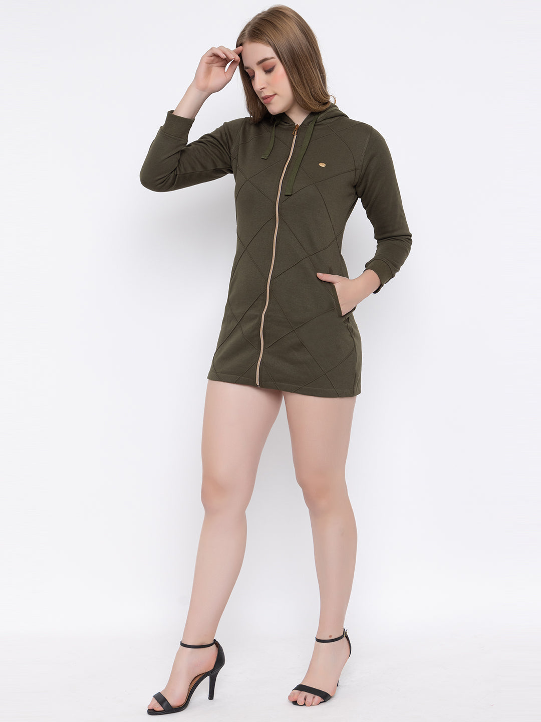 ANGELBELLS | Cozy Chic Fur Fleece Longline Hoodie Dress with Golden Zipper & Hip-Cover Design