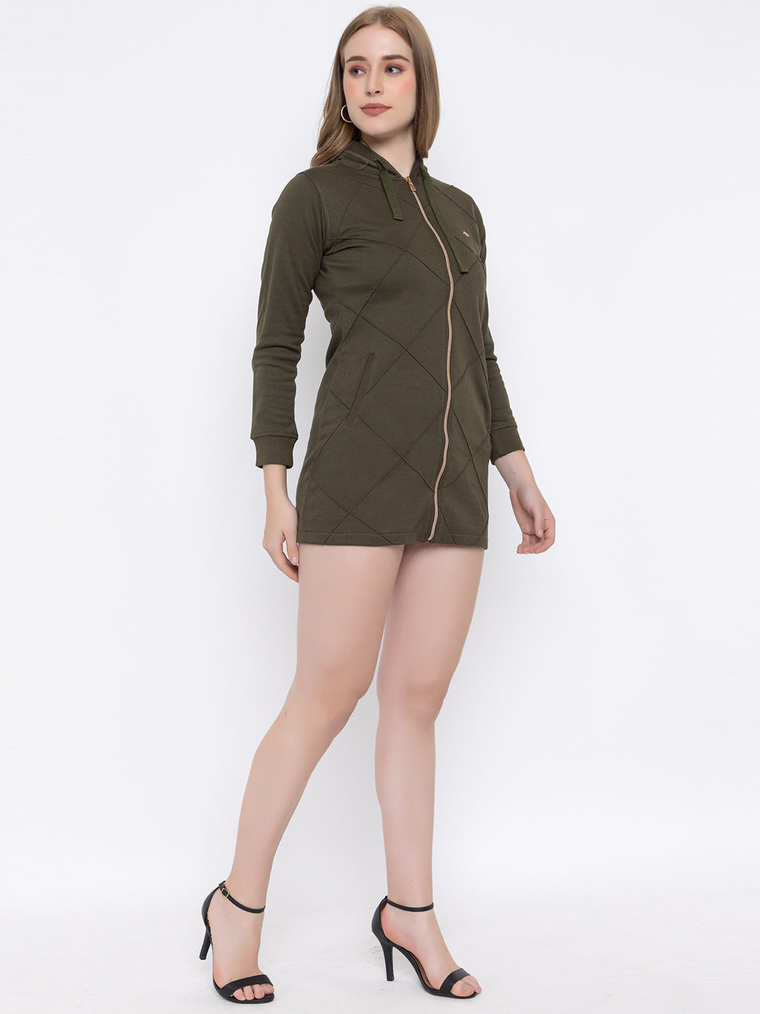 ANGELBELLS | Cozy Chic Fur Fleece Longline Hoodie Dress with Golden Zipper & Hip-Cover Design