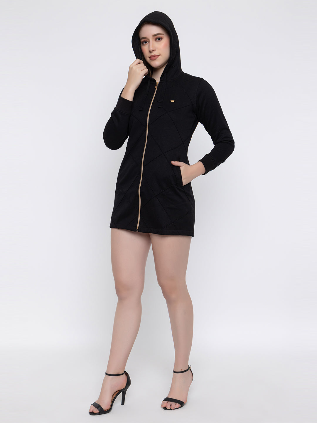 ANGELBELLS | Cozy Chic Fur Fleece Longline Hoodie Dress with Golden Zipper & Hip-Cover Design