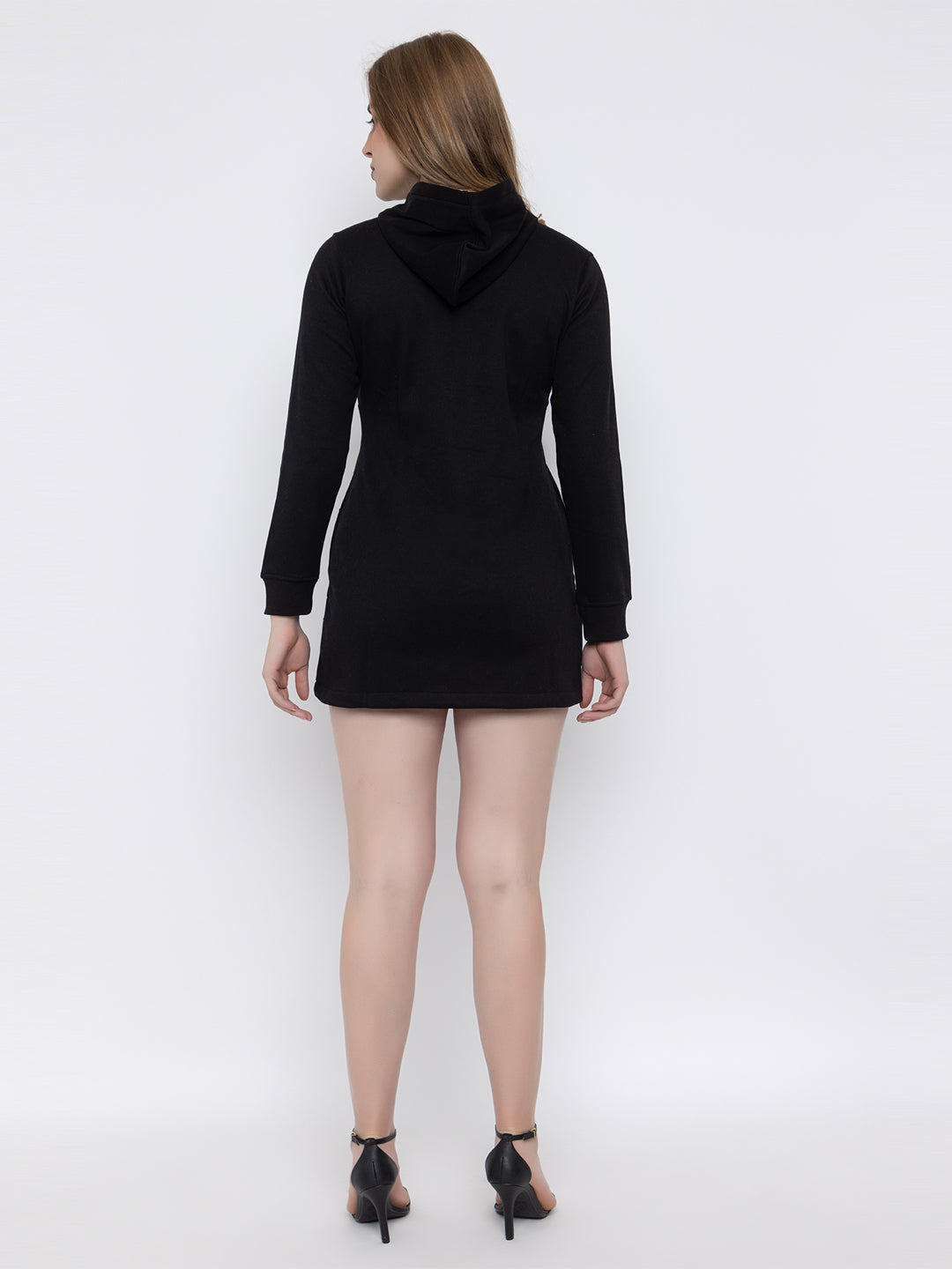 ANGELBELLS | Cozy Chic Fur Fleece Longline Hoodie Dress with Golden Zipper & Hip-Cover Design