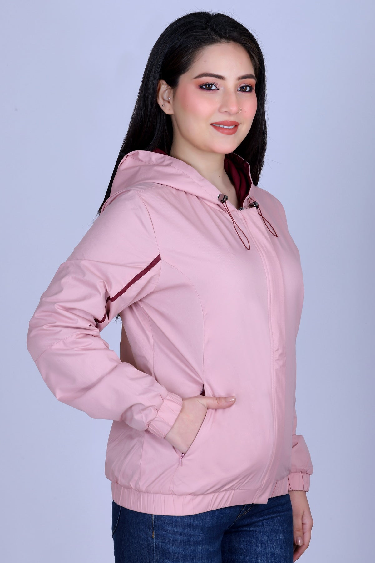 **Angelbells Pink-Maroon Reversible Hoodie: Elastic Dual-NS Bomber Bliss**
