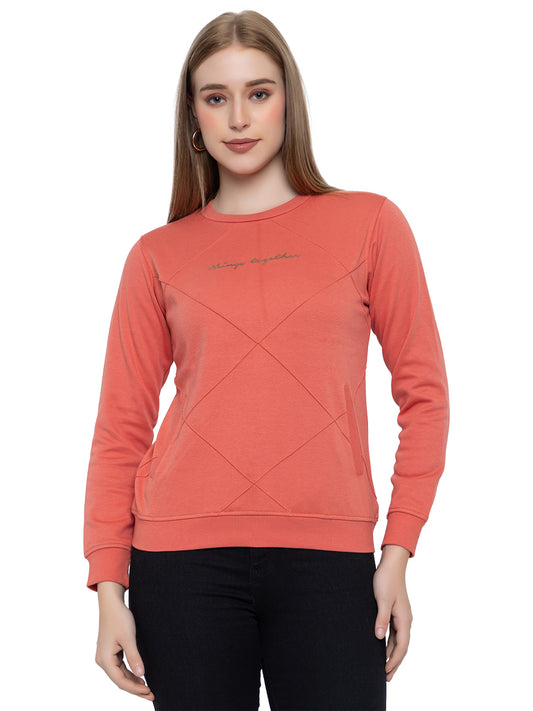 ANGELBELLS Women Round Neck Regular Sweatshirt (6460 RN - CORAL)
